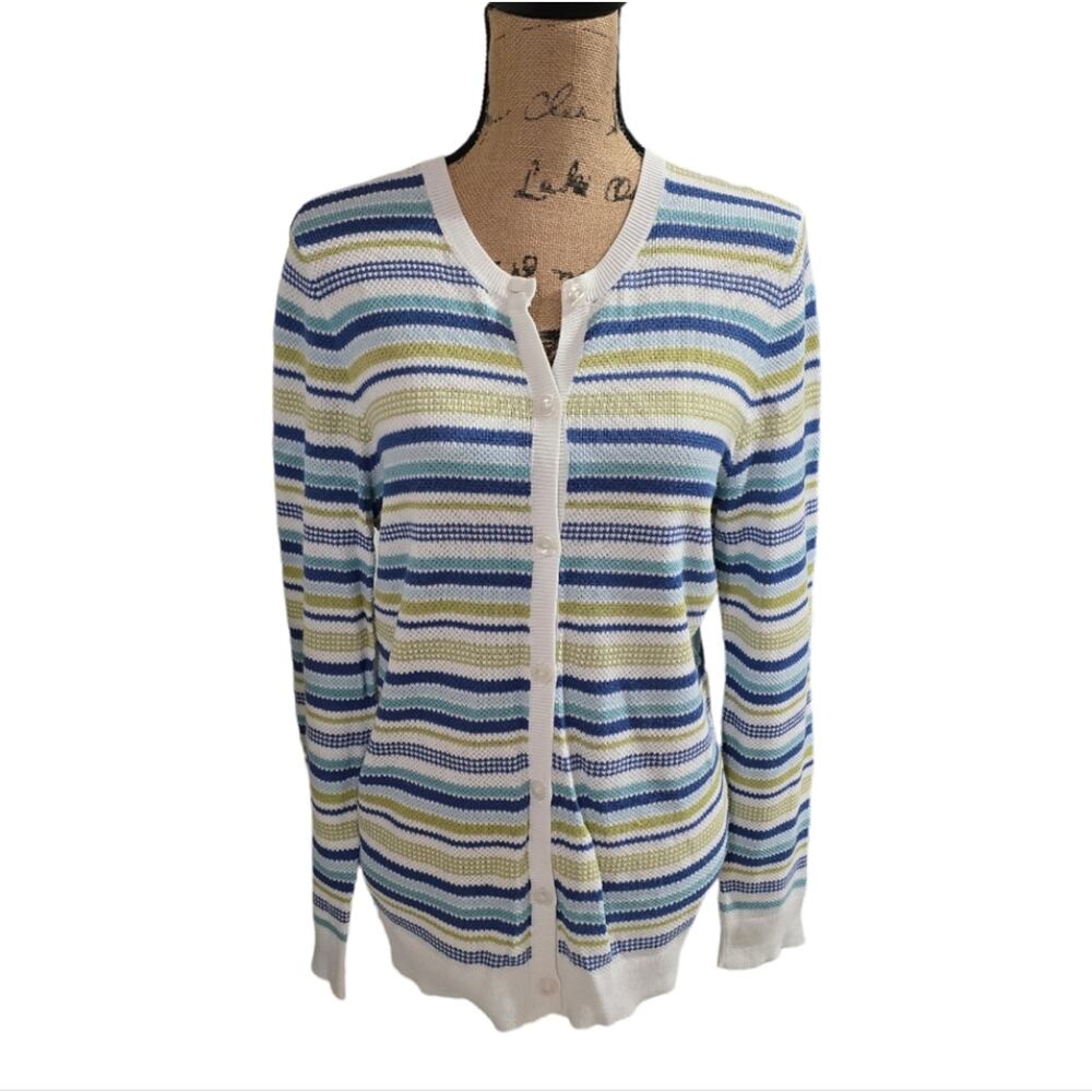Pendleton blue, lime Green, and White Striped Cardigan Sweater Size Medium